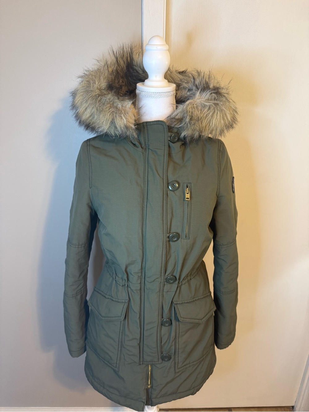 American Eagle Outfitters Olive Green Faux Fur Hooded Parka